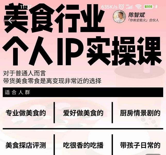 美食行业个人IP实操课，对于普通人而言，带货美食零食是离变现非常近的选择网创吧-网创项目资源站-副业项目-创业项目-搞钱项目恒杨云站