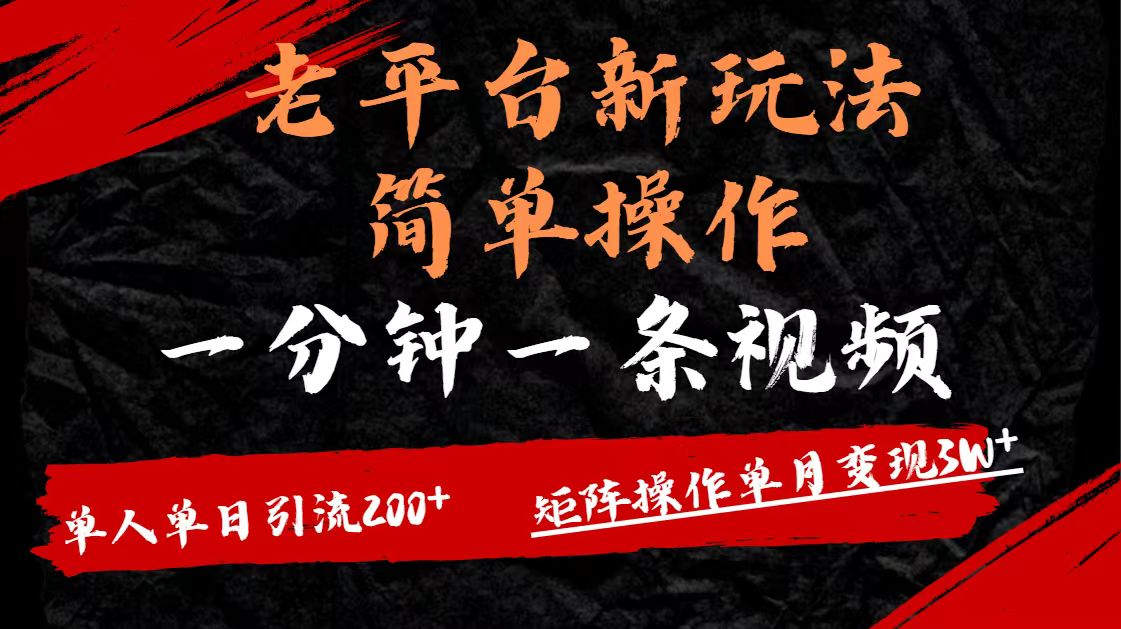 老平台，新玩法，简单操作，一分钟一条视频，单人单人引流200+矩阵操作，单月变现3W网创吧-网创项目资源站-副业项目-创业项目-搞钱项目恒杨云站