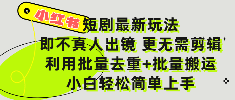小红书短剧最新玩法，轻松日入3000+，既不真人出镜，更不用剪辑，全程搬运，傻瓜式操作，私域零成本批量操作网创吧-网创项目资源站-副业项目-创业项目-搞钱项目恒杨云站
