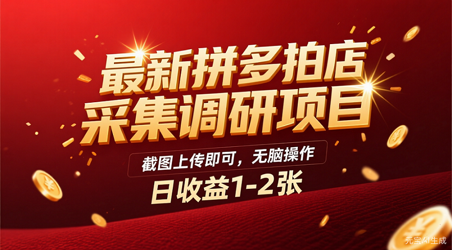 最新拼多多拍店采集调研项目,截图上传即可,无脑操作,日收益1-2张网创吧-网创项目资源站-副业项目-创业项目-搞钱项目恒杨云站