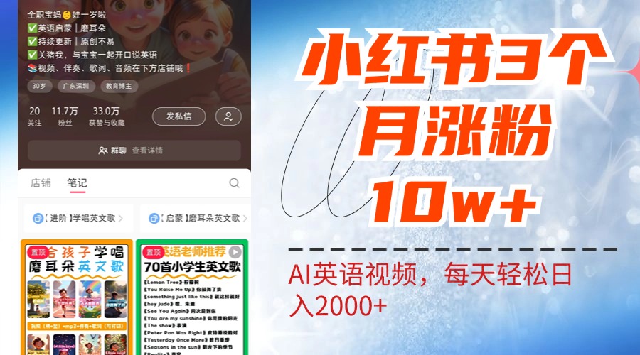 小红书三个月涨粉10W！AI英语视频0成本制作，每天轻松日入2000+网创吧-网创项目资源站-副业项目-创业项目-搞钱项目恒杨云站