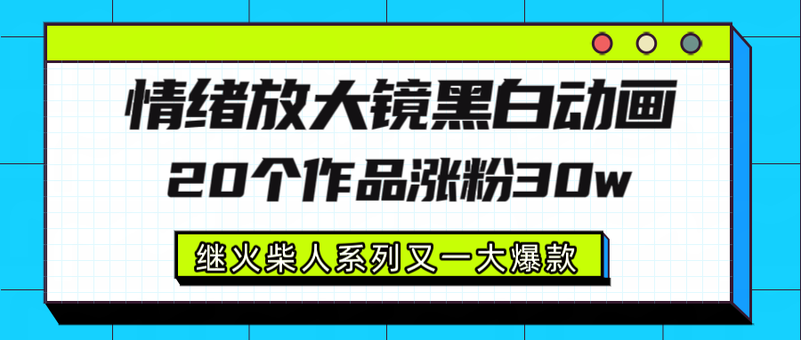 情绪放大镜黑白线条动画风格，20个视频，涨粉30W，继火柴人系列又一大爆款网创吧-网创项目资源站-副业项目-创业项目-搞钱项目恒杨云站