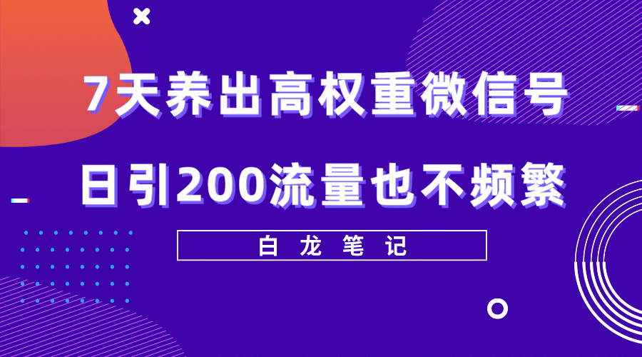 7天养出高权重微信号，日引200流量也不频繁，方法价值3680元网创吧-网创项目资源站-副业项目-创业项目-搞钱项目恒杨云站