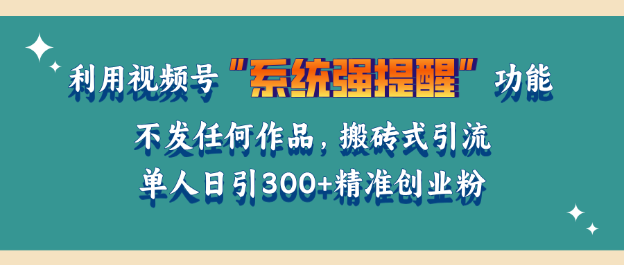 利用视频号“系统强提醒”功能，引流精准创业粉，无需发布任何作品，单人日引流300+精准创业粉网创吧-网创项目资源站-副业项目-创业项目-搞钱项目恒杨云站