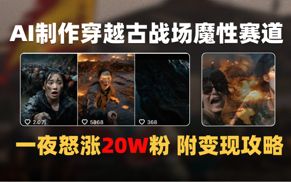 AI制作穿越古战场视频一夜涨粉20W保姆级教学(附AI变现指南)网创吧-网创项目资源站-副业项目-创业项目-搞钱项目恒杨云站
