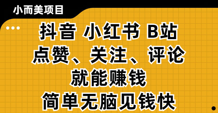小而美的项目，抖音、小红书、B站视频点赞、关注、评论就能赚钱，简单无脑立见收益！妥妥的零撸项目网创吧-网创项目资源站-副业项目-创业项目-搞钱项目恒杨云站