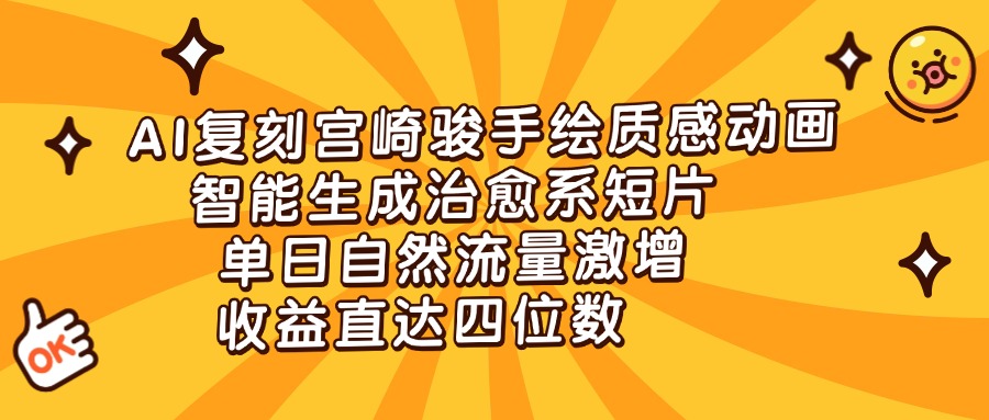 AI复刻宫崎骏手绘质感动画，智能生成治愈系短片，单日自然流量激增，收益直达四位数网创吧-网创项目资源站-副业项目-创业项目-搞钱项目恒杨云站