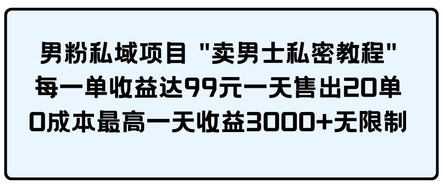 男粉私域项目 卖男士私密教程 每一单收益达99元一天售出20单网创吧-网创项目资源站-副业项目-创业项目-搞钱项目恒杨云站