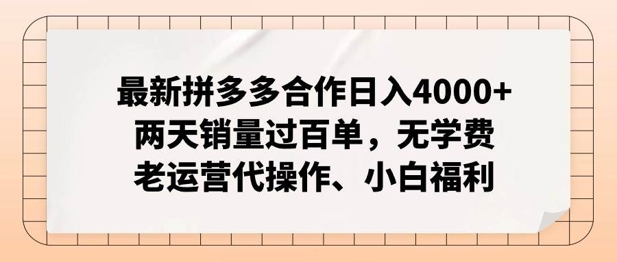 最新拼多多合作日入4000+两天销量过百单，无学费、老运营代操作、小白福利网创吧-网创项目资源站-副业项目-创业项目-搞钱项目恒杨云站