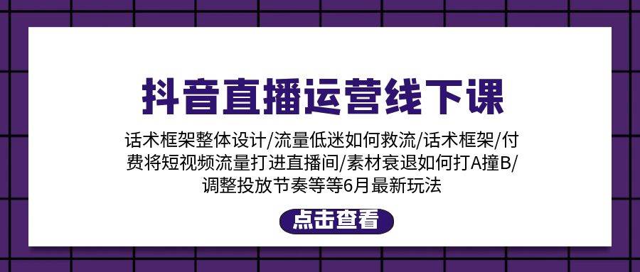 抖音直播运营线下课：话术框架/付费流量直播间/素材A撞B/等6月新玩法网创吧-网创项目资源站-副业项目-创业项目-搞钱项目恒杨云站