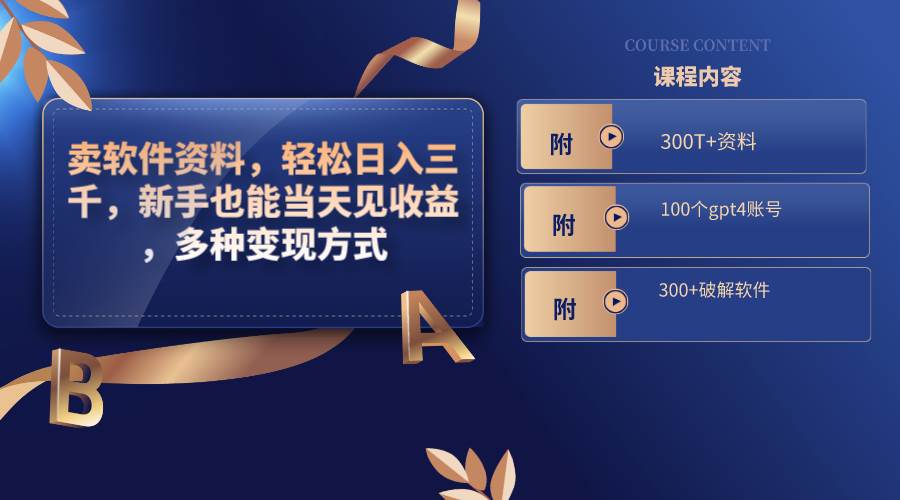 卖软件资料，轻松日入三千，新手也能当天见收益，多种变现方式，（附300T+资料，100个gpt4账号，300+破解软件）网创吧-网创项目资源站-副业项目-创业项目-搞钱项目恒杨云站