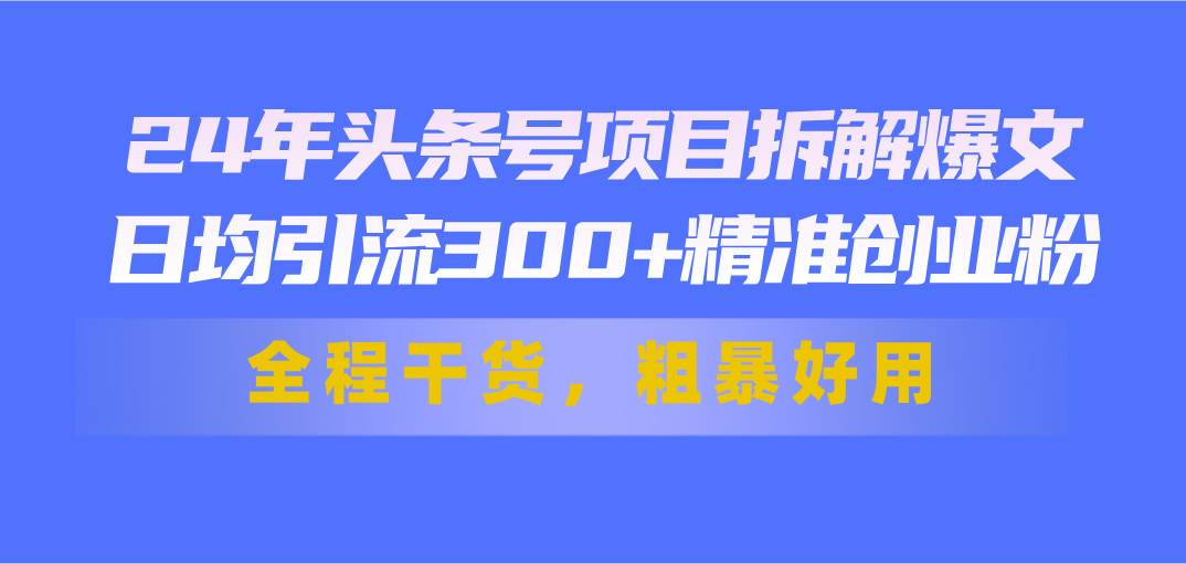24年头条号项目拆解爆文，日均引流300+精准创业粉，全程干货，粗暴好用网创吧-网创项目资源站-副业项目-创业项目-搞钱项目恒杨云站