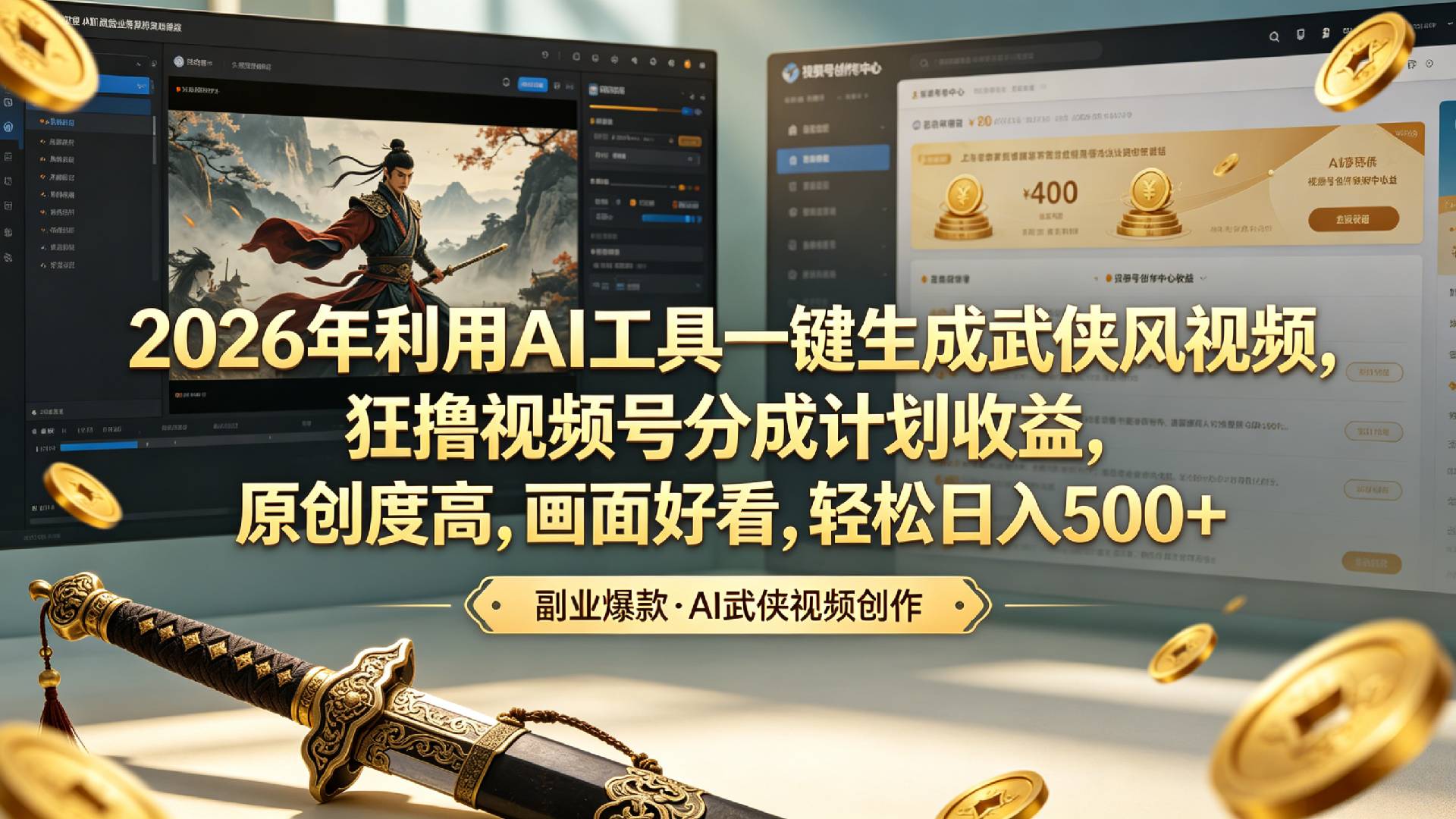 2026年利用AI工具一键生成武侠风视频,狂撸视频号分成计划收益,原创度高,画面好看,轻松日入500+网创吧-网创项目资源站-副业项目-创业项目-搞钱项目恒杨云站
